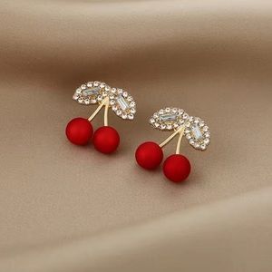 BRAND NEW🍒Cute Red Cherry Pearl rhinestones Stud Earrings Fruit Unique